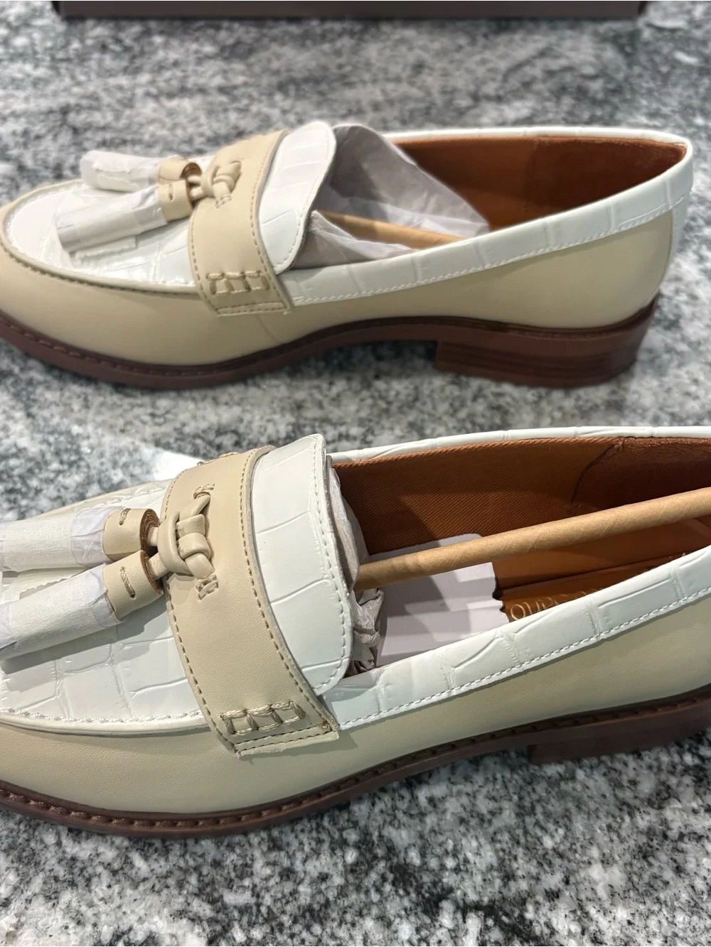 Franco Sarto Two-Tone Cream and White Tassel Loafers